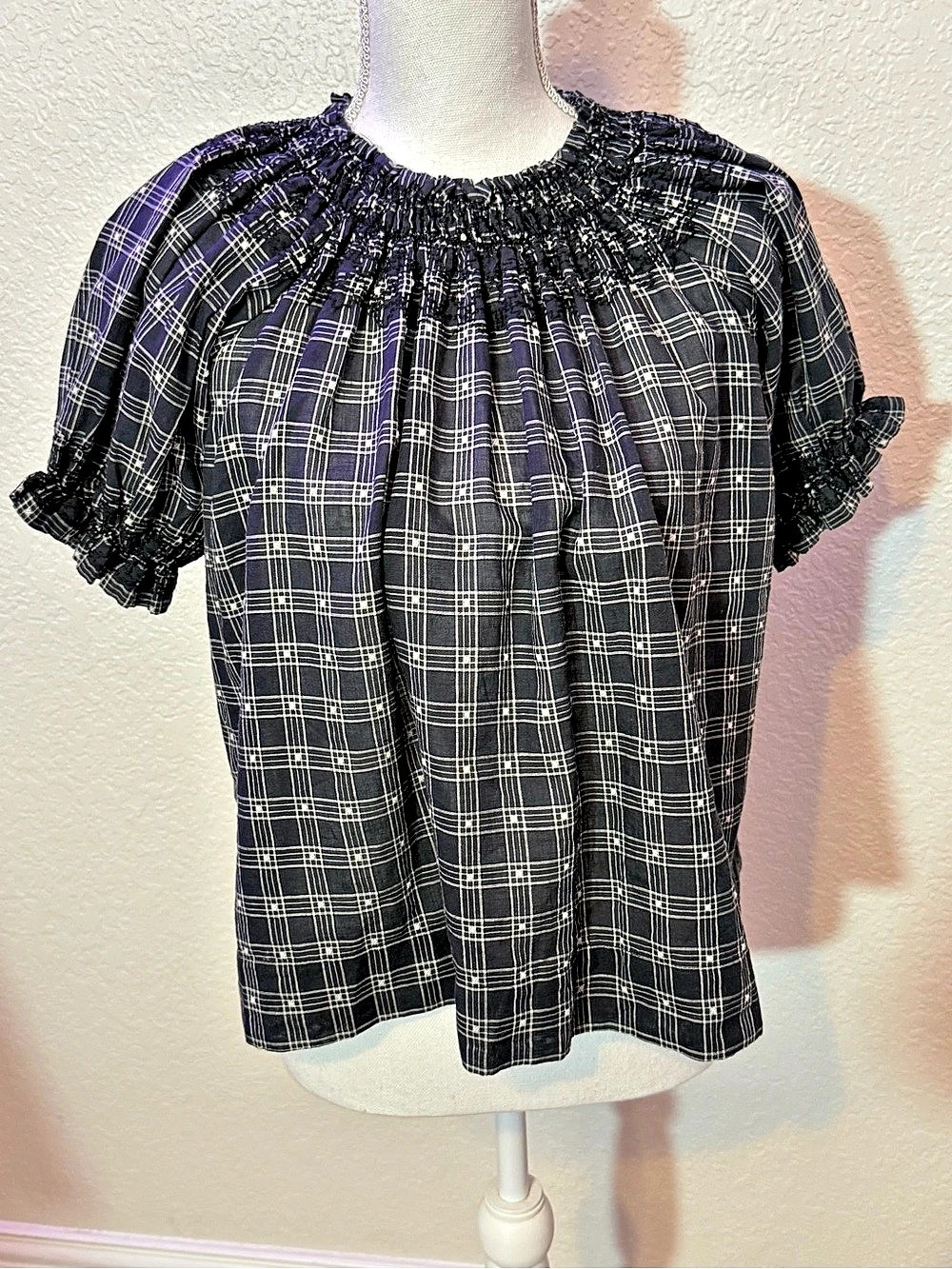 The Great- The Fair Top Plaid Puff Sleeve Blouse in Black & Purple Size 0 (B6)